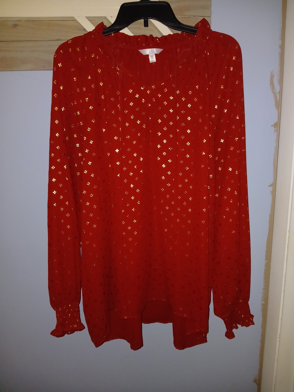 Time and Tru Red Blouse with Gold Foil Diamond Print